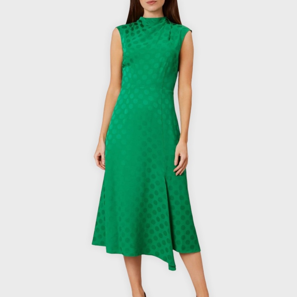Hobbs London Marina apple green sleeveless midi polka dot dress - US 14